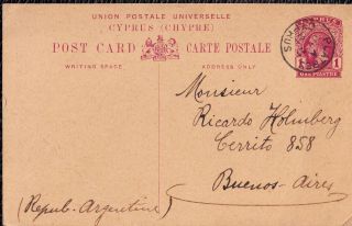 Cyprus George V 1pi Upu Stationery Card Platres To Buenos Aries 21 July 1921