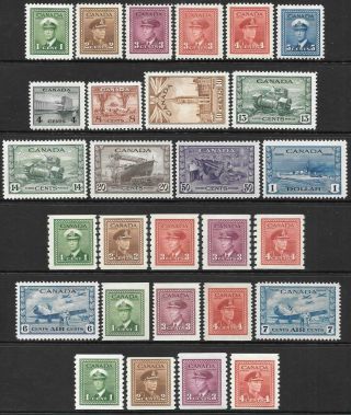Canada 1942 - 48 War Effort,  All Coils & Air Stamps,  Hinged.  Sg 375/400.