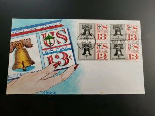 C62 Airmail Liberty Bell Block Us Fdc Dyer Hand Painted Cachet