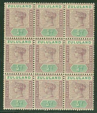 Sg 20 Zululand 1884.  ½d Dull Mauve & Green Block Of 9.  6 Stamps Unmounted