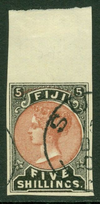 Sg 69 Fiji 1882.  5/ - Dull Red & Black.  Imperf Top Marginal Example.  Very Fine.