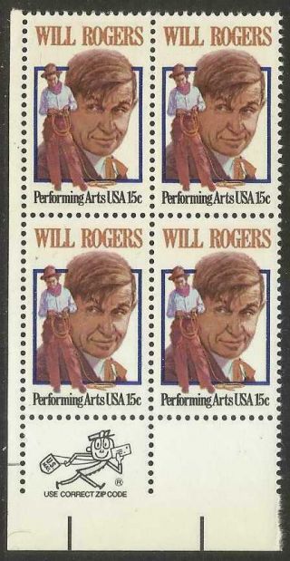 Scott 1801 Us Stamp 1979 15c Will Rogers Zip Block Of 4 Ll
