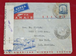Brazil 1941 Oct 19 Censored Wwii Airmail Cover To Us York