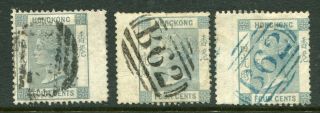 1863/71 China Hong Kong Qv 3 X 4c Stamps With Wing Margin B62 Killer Chop