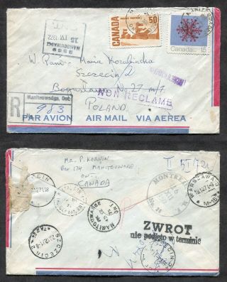 P925 - Manitouwadge Ontario 1971 Registered Cover To Poland.  Returned