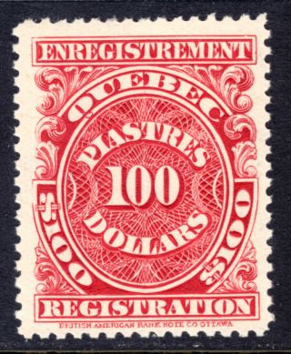 Quebec Registration Stamp Qr28 $100 Carmine,  1912,  F,  Nh