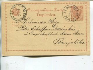 Bosnia And Herzegovina Postal Card From Prjedor To Banjaluka 1887