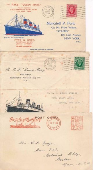 Gb 1936 Kgv Three Rms Queen Mary Maiden Voyage Souvenir Covers