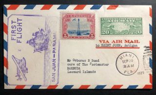 1929 Miami Fl Usa First Flight Cover Ffc To Barbuda Leeward Islands Via Antigua
