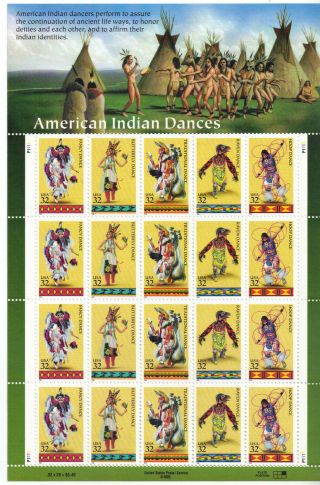 Scott 3072 - 76 Us Souvenir Sheet Indian Dances 32 Cent Mnh