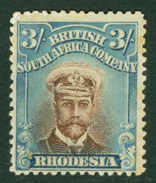 Sg 236b Rhodesia 1913 - 19.  3/ - Indigo & Grey Brown,  Perf 14,  Die 2.  Fine M/m.
