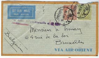 China 1934 Airmail Cover Shanghai To Belgium Via Saigon,  Routing Handstamp