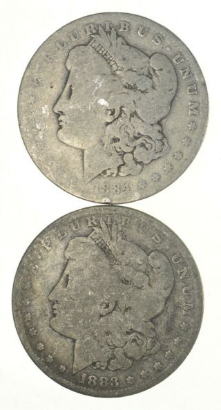 (2) Bullion Grade Morgan Silver Dollars 1884 - O & 1883 90 Silver $1 Coins 809