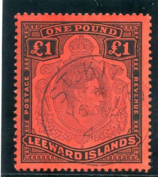 Leeward Islands 1952 Kgvi £1 Violet & Black/scarlet (p13) Vfu.  Sg 114c.  Sc 115.