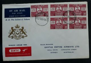 1955 Malaya Johore Airmail Sultan Diamond Jubilee Fdc Ties 5 Stamps To Australia