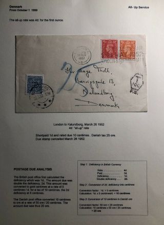 1952 London England Postage Due Cover To Kalundborg Denmark