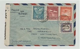 1943 Airmail,  Censored Multi - Franked Cover To Chesterfield From Chile.