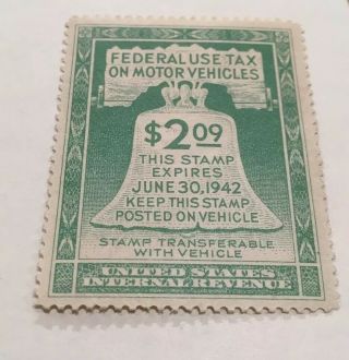 Vintage Us Revenue Federal Use Tax On Motor Vehicles (1942) $2.  09