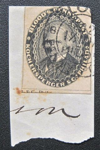 1855 US Local Blood ' s Penny Post 15L18 on piece with Imprint in lower margin 2