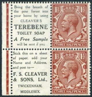 1924 Kgv Block Cypher 1½d Advert Terebene/f.  S.  Cleaver Booklet Pane Sg Nb15a (57)