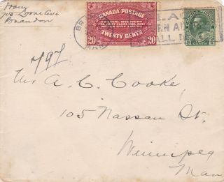 Canada 1927 Special Delivery Express Cvr Brandon Man To Winnipeg 22c Rate