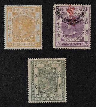 3 Hong Kong Fiscal Stamps,  3 - C,  50 - C & 2 Dollar Issues.  Circa 1880 - 90s.  Vf