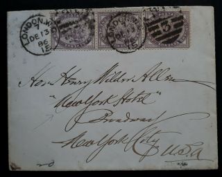 Rare 1886 Great Britain Cover Ties 3 X1d Qv Stamps London " 3 " Cancel To Usa