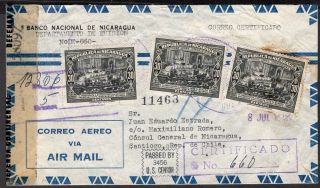 Nicaragua To Chile Censored Registered Air Mail Cover 1945 Managua - Santiago