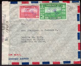 Costa Rica To Chile Censored Air Mail Cover 1942 San Jose - Santiago