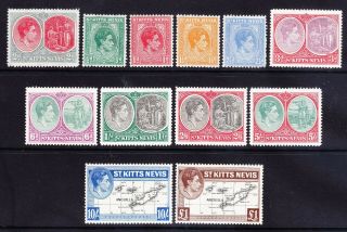 St Kitts Nevis George Vi 1938 Sg68a/77f Basic Set Of 12 - Mounted.  Cat £85