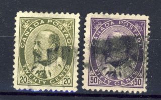 2x Canada King Edward Vii Stamps No.  94 - 20c F/vf No.  95 - 50c F Cat.  Value= $102.  50