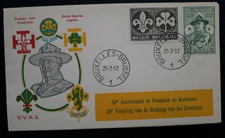 Scarce 1957 Belgium 50th Anniversary Scouting Fdc Ties Set Of 2 Stamps Brussels