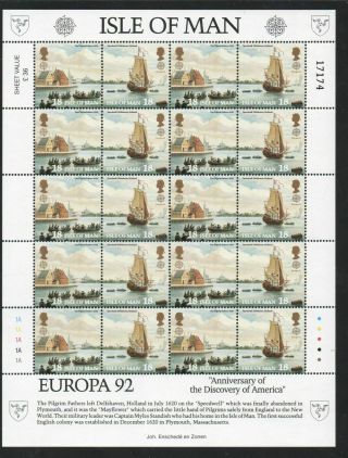 Isle Of Man Sc 505 - 8 1992 Europa Pilgrims Stamp Sheets Nh