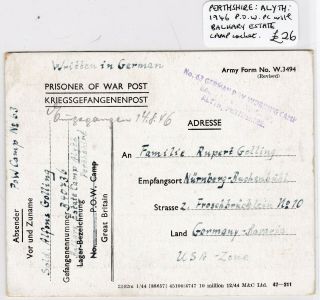 1946 No 63 German Pow Camp Card Balhary Alyth Perthshire 3 Line Cachet