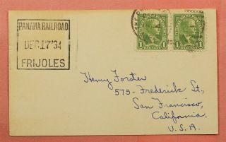 1934 Canal Zone Panama Railroad Rpo Frijoles Cancel Postcard To Usa