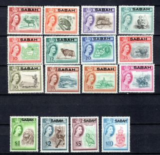 Malaya 1964 Qeii North Borneo O/p Sabah Definitive Complete Set Of Mnh Stamps