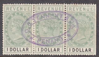 Straits Settlements: Qv Revenue $1 Strip Of 3 Cancelled O.  S Tennent & Co,  Penang