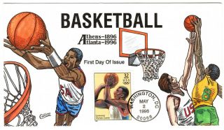 Handpainted Fdc 1996 Olympic Basketball Stamp Scott 3068 Collins Cachet