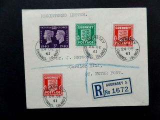 Guernsey 24 Dec 1941 Reg Env 1/2 D,  2x1d Arms,  Gb Kgvi 3d Def Stamp St Johns