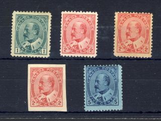 5x Canada King Edward Vii Stamps; No.  89 - 1c - 90 - 2c X2 - 90a - 91 - 5c Cv= $200.  00
