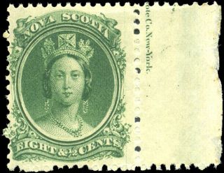 Nova Scotia 11 Vf Og Nh 1860 Queen Victoria 8 1/2c Green Part Inscription