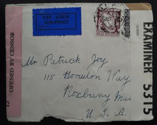 Rare 1942 Ireland Censor Cover Ties 2 Stamps Canc Cill Airne To Usa