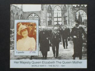 Uganda Stamp Mini Sheet World War Ii - The Blitz The Queen Mothers 90th Birthday.