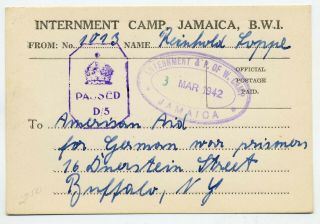 Jamaica 1942 German Prisoner Of War Internment Camp Censored Card To Buffalo Usa