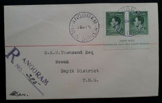 Rare 1937 Guinea Registd Cover Ties Ash Imprint Pair 5d Kgvi Stamps Angoram