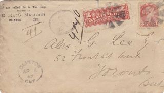 Canada 1887 Dr Malloch Cc Registered Rpo Cover Clinton Ont To Toronto 5c Rate