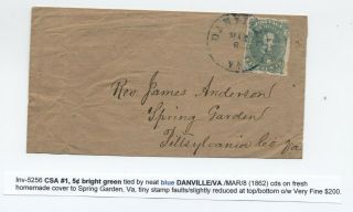 1862 Danville Va Confederate States 1 On Cover To Spring Garden Va [4723.  15]