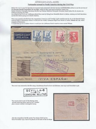 Spanish Civil War 1937 5 Stamp Censor Cover To Argentina (local Stamp On Back)
