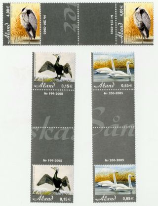Al12a Aland Bird Stamps Mnh Gutter Pairs 2005 Cormorant Whooper Swan Grey Heron