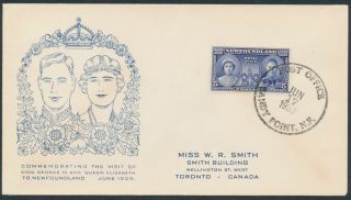 1939 Newfoundland 249 Royal Visit Fdc,  Miss W R Smith Cachet,  Sandy Point
